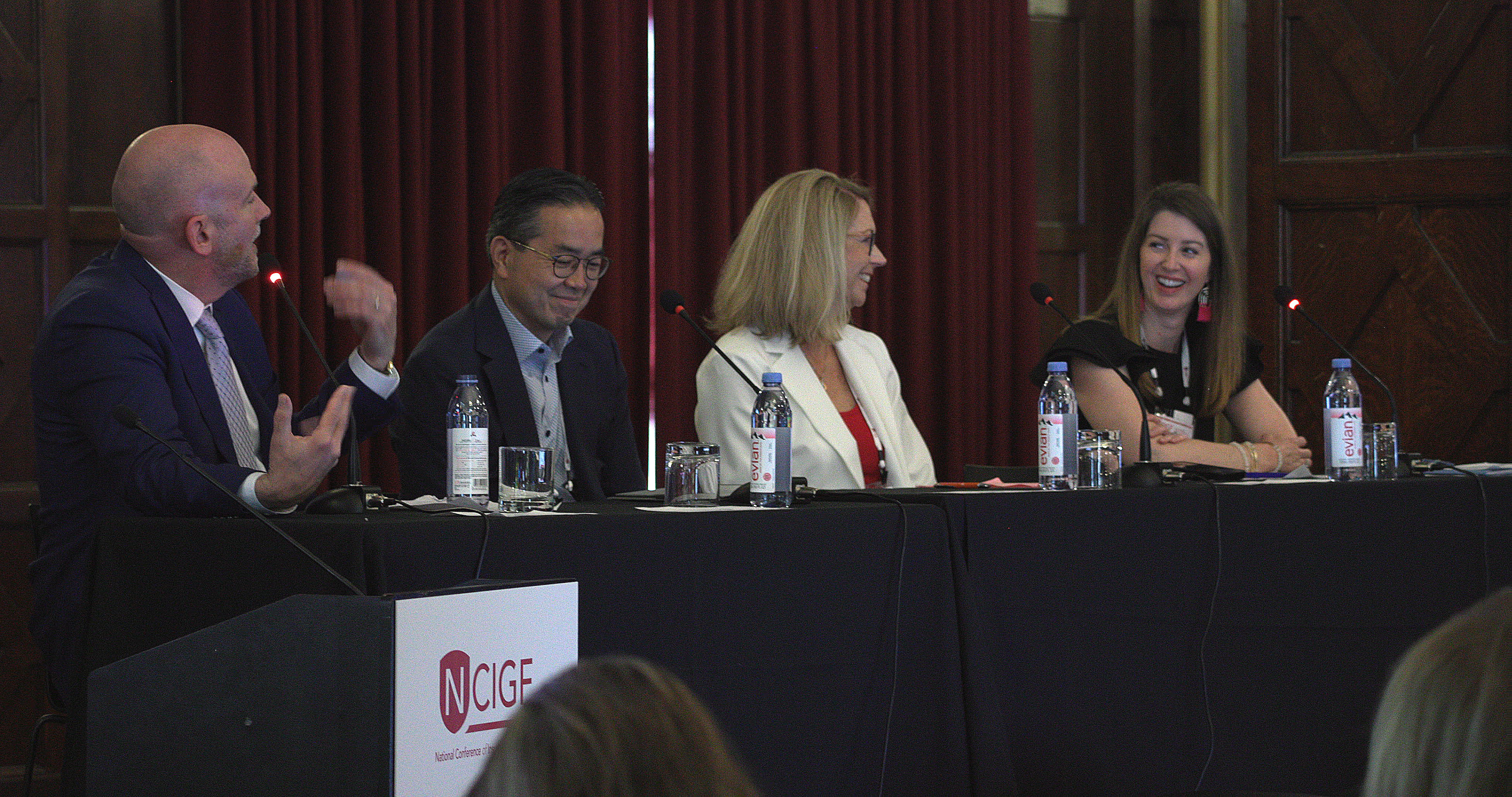 L-R: Mike Ulmer, Mark Tsutsui, Cathy Bazant, and Tamara Kopp discuss GSI’s FOCUS project.